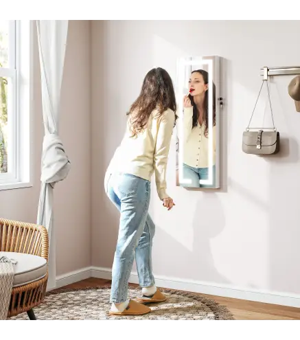 Espejo Joyero de Pared con Luces LED y Cerradura Armario de Joyas para Colgar en la Pared o en la Puerta Blanco