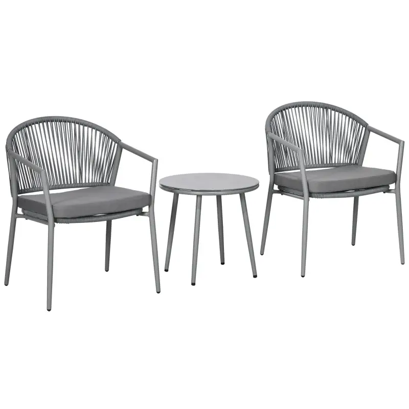 Juego de 2 Sillas y Mesa de Ratán con Cojines Acolchados y Encimera de Vidrio para Balcón Terraza Gris Juego de 2 Sillas y Mesa de Ratán con Cojines Acolchados y Encimera de Vidrio para Balcón Terraza Gris