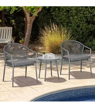 Juego de 2 Sillas y Mesa de Ratán con Cojines Acolchados y Encimera de Vidrio para Balcón Terraza Gris