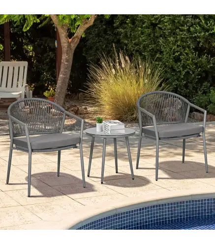 Juego de 2 Sillas y Mesa de Ratán con Cojines Acolchados y Encimera de Vidrio para Balcón Terraza Gris