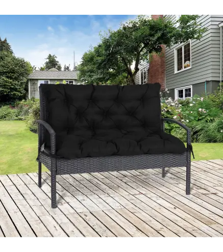 Cojín para Banco con Respaldo 100x98x8 cm de 2 Plazas con Cordones de Fijación para Jardín Terraza Balcón Exterior Negro
