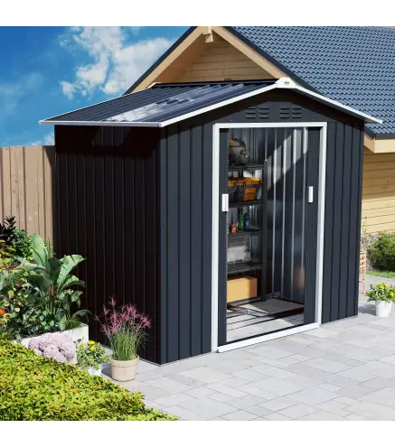 Caseta de Jardín 213x130x185 cm con Puertas Correderas y Claraboya para Almacenamiento de Herramientas Gris Oscuro