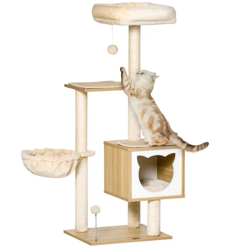 Árbol Rascador para Gatos con Plataforma Torre Escalador para Gatos con Hamaca Caseta Cama Postes 48x40x126 cm Beige