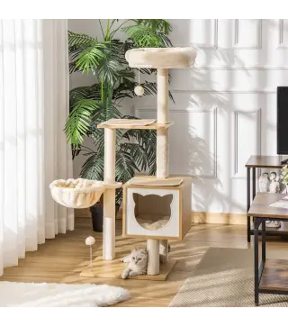 Árbol Rascador para Gatos con Plataforma Torre Escalador para Gatos con Hamaca Caseta Cama Postes 48x40x126 cm Beige