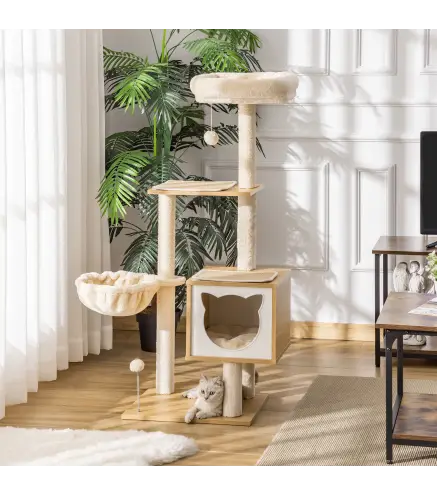Árbol Rascador para Gatos con Plataforma Torre Escalador para Gatos con Hamaca Caseta Cama Postes 48x40x126 cm Beige