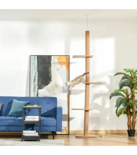 Árbol Rascador para Gatos de Suelo a Techo Torre para Gatos con Altura Ajustable 43x27x228-260 cm Marrón Claro y Beige