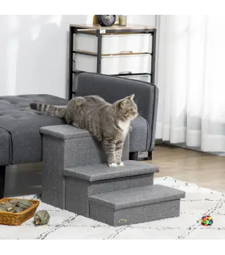 Escalera para Mascotas de 3 Peldaños Escalones para Perros Gatos con Espacio de Almacenamiento 63,5x42,5x40,5 cm Gris