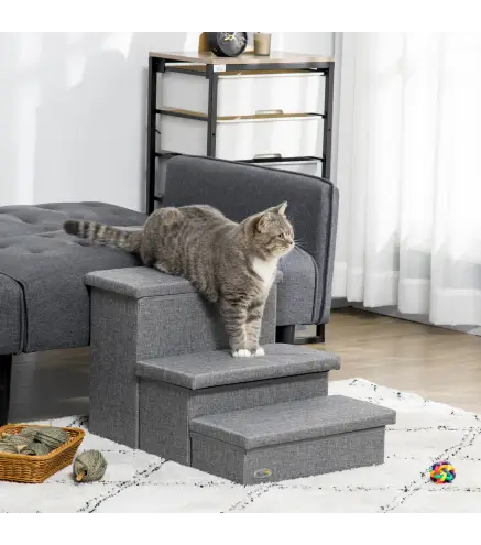 Escalera para Mascotas de 3 Peldaños Escalones para Perros Gatos con Espacio de Almacenamiento 63,5x42,5x40,5 cm Gris