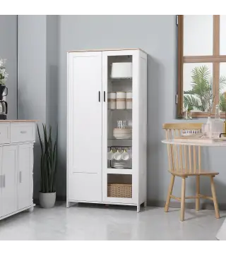 Alacena de Cocina Mueble Auxiliar de Cocina con Puerta de Vidrio y Estantes Ajustables para Comedor 76x36x160 cm Blanco