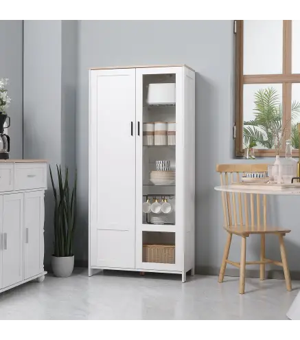 Alacena de Cocina Mueble Auxiliar de Cocina con Puerta de Vidrio y Estantes Ajustables para Comedor 76x36x160 cm Blanco