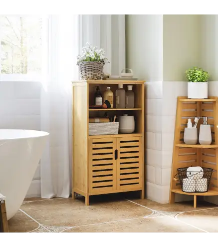 Mueble Auxiliar de Baño de Bambú Mueble de Baño con 2 Puertas 2 Estantes Abiertos y Patas Elevadas 50x29x92 cm Natural
