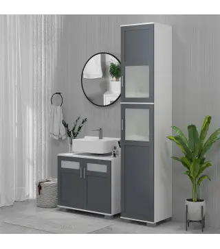 Armario Alto de Baño Mueble Columna de Baño con 2 Puertas de Vidrio Templado y Estantes Ajustables 37x35x190 cm Blanco y Gris