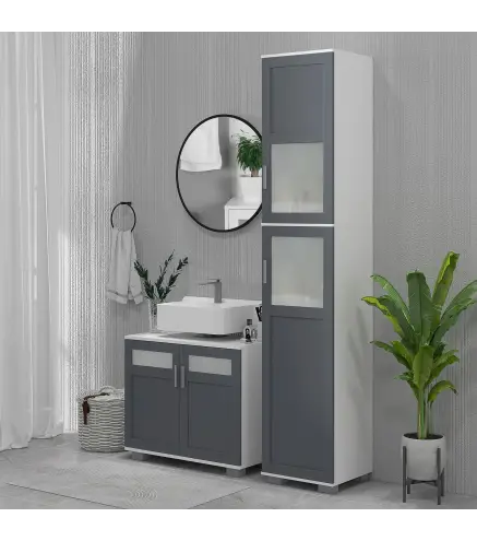 Armario Alto de Baño Mueble Columna de Baño con 2 Puertas de Vidrio Templado y Estantes Ajustables 37x35x190 cm Blanco y Gris