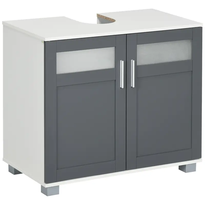 Mueble para Debajo del Lavabo Armario de Baño Bajo Lavabo con 2 Puertas de Vidrio Templado 69x35x59 cm Blanco y Gris
