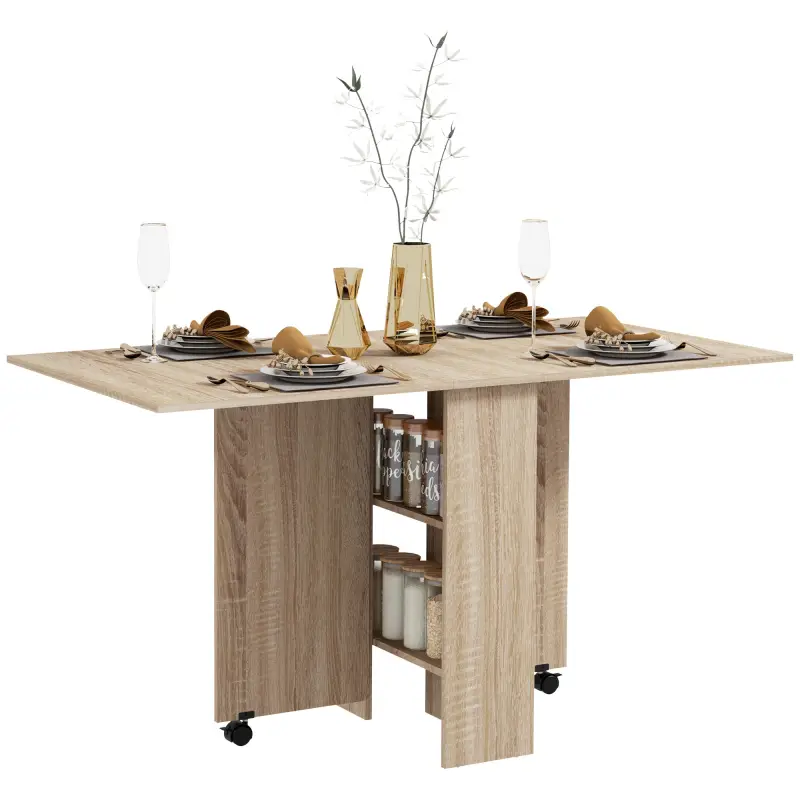 Mesa Plegable con 2 Alas Abatibles de Madera 2 Estantes y Ruedas para Cocina Comedor 75x140x74 cm Madera Natural
