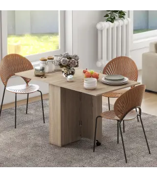 Mesa Plegable con 2 Alas Abatibles de Madera 2 Estantes y Ruedas para Cocina Comedor 75x140x74 cm Madera Natural