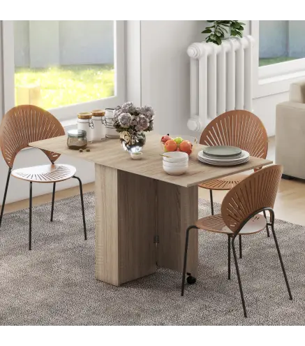 Mesa Plegable con 2 Alas Abatibles de Madera 2 Estantes y Ruedas para Cocina Comedor 75x140x74 cm Madera Natural