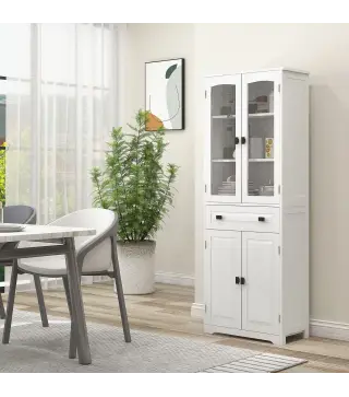 Alacena de Cocina con 2 Puertas de Vidrio 2 Estantes Ajustables y Cajón para Salón Comedor 60x30x160 cm Blanco