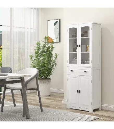 Alacena de Cocina con 2 Puertas de Vidrio 2 Estantes Ajustables y Cajón para Salón Comedor 60x30x160 cm Blanco