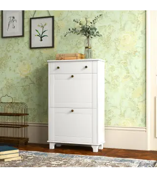 Mueble Zapatero Blanco Zapatero Estrecho con 2 Puertas Abatibles y 1 Cajón para 8 Pares de Zapatos 60x23,5x98,5 cm