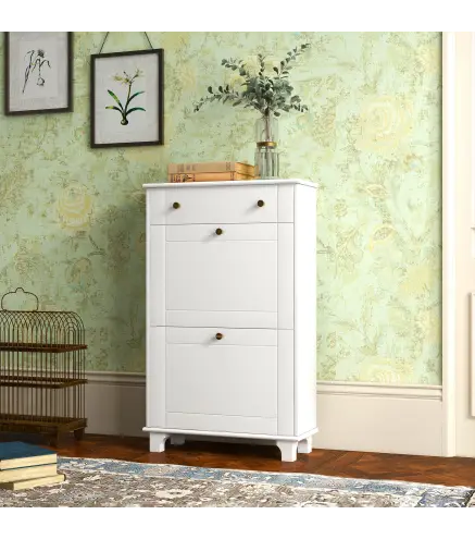 Mueble Zapatero Blanco Zapatero Estrecho con 2 Puertas Abatibles y 1 Cajón para 8 Pares de Zapatos 60x23,5x98,5 cm