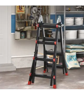 Escalera Telescópica de Aluminio 4 m Escalera Extensible Plegable con 8 Peldaños Ajustables y 2 Formas Carga 150 kg