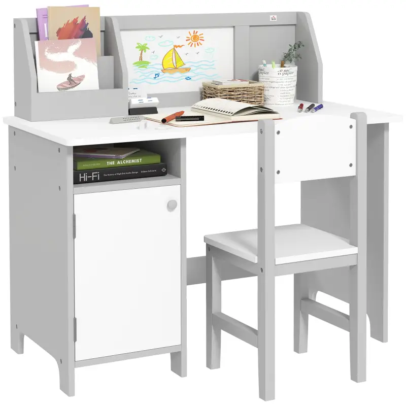 Escritorio Infantil de Madera con Silla y Mesa con Organizador y Pizarra Blanca para +5 Años 90x45x85 cm Gris