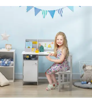 Escritorio Infantil de Madera con Silla y Mesa con Organizador y Pizarra Blanca para +5 Anos 90x45x85 cm Gris