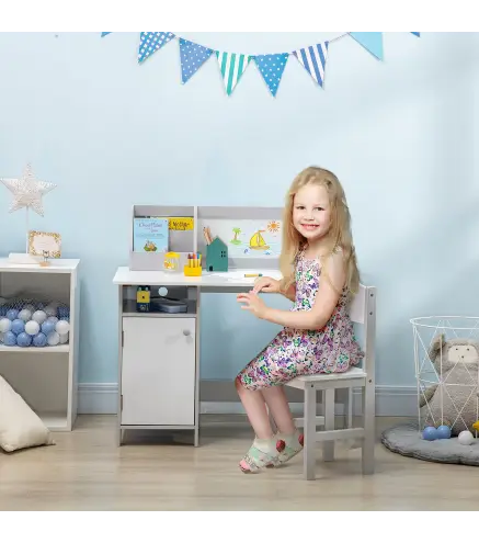 Escritorio Infantil de Madera con Silla y Mesa con Organizador y Pizarra Blanca para +5 Anos 90x45x85 cm Gris