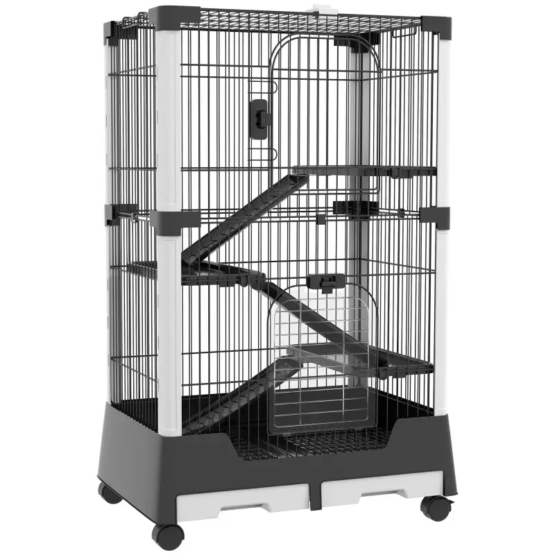 Jaula para Animales Pequeños con Ruedas 114x75x50 cm Valla para Mascotas con 3 Plataformas 3 Rampas Bandejas Extraíbles