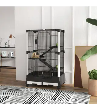 Jaula para Animales Pequeños con Ruedas 114x75x50 cm Valla para Mascotas con 3 Plataformas 3 Rampas Bandejas Extraíbles