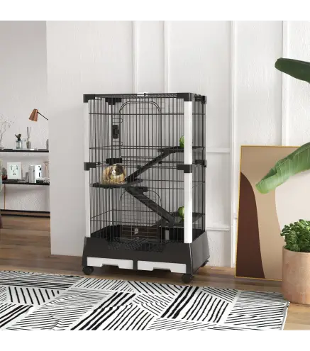 Jaula para Animales Pequeños con Ruedas 114x75x50 cm Valla para Mascotas con 3 Plataformas 3 Rampas Bandejas Extraíbles