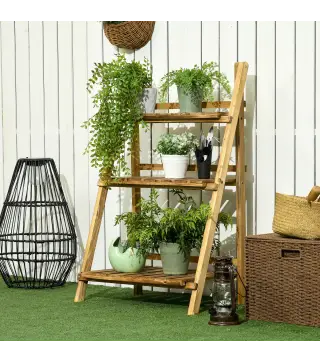 Soporte para Plantas de Madera de 3 Niveles Estantería para Plantas Plegable Soporte para Macetas 60x37x93 cm Natural