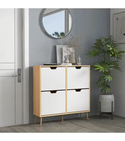 Mueble Zapatero con 4 Cajones Abatibles y Estantes Ajustables Armario de Zapatos para 16 Pares 95x26x95 cm Natural