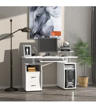 Escritorio con Estanterías Mesa de Ordenador con 2 Cajones Bandeja de Teclado Soportes para Monitor 120x55x85 cm Blanco