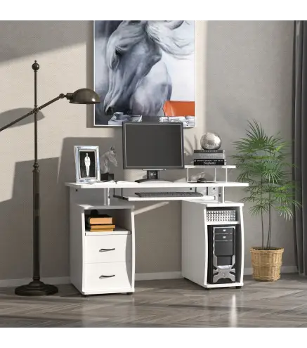 Escritorio con Estanterías Mesa de Ordenador con 2 Cajones Bandeja de Teclado Soportes para Monitor 120x55x85 cm Blanco