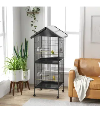 Jaula para Pájaros Grande de 2 Pisos Convertible en Sola Jaula con Ruedas Comederos 4 Perchas 78x75x168 cm Negro