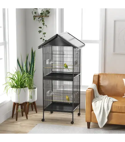 Jaula para Pájaros Grande de 2 Pisos Convertible en Sola Jaula con Ruedas Comederos 4 Perchas 78x75x168 cm Negro