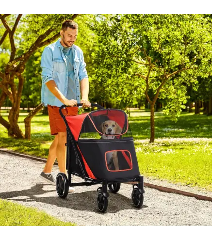 Cochecito para Perros Plegable Carrito para Mascotas con Ventanas de Malla Correas de Seguridad 112x65x100 cm Rojo
