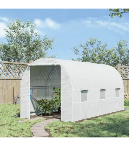 Invernadero de Túnel con Puerta Enrollable y 6 Ventanas para Cultivo Plantas Verduras 445x200x200 cm Blanco