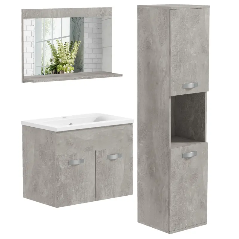 Conjunto de Muebles de Baño de Pared 3 Piezas Incluye Espejo Armario con Lavabo Cerámico y Columna Auxiliar de Baño Gris
