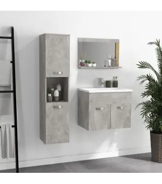 Conjunto de Muebles de Baño de Pared 3 Piezas Incluye Espejo Armario con Lavabo Cerámico y Columna Auxiliar de Baño Gris