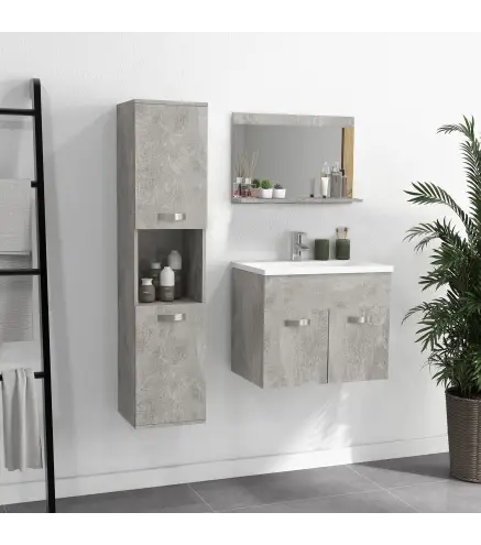 Conjunto de Muebles de Baño de Pared 3 Piezas Incluye Espejo Armario con Lavabo Cerámico y Columna Auxiliar de Baño Gris