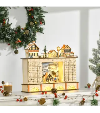 Calendario de Adviento para Llenar Calendario de Adviento de Madera con Luces y 24 Cajones 44x10x37 cm Natural