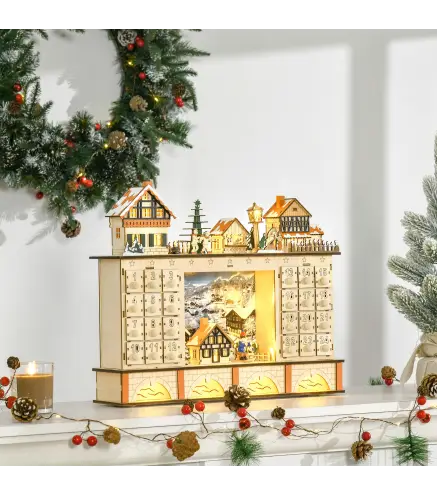 Calendario de Adviento para Llenar Calendario de Adviento de Madera con Luces y 24 Cajones 44x10x37 cm Natural