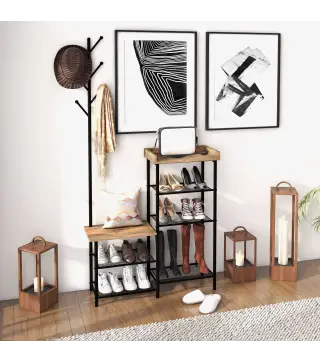 Perchero con Zapatero Industrial con 5 Estantes y 6 Ganchos para Colgar Bolsos Ropa 92.5x28.2x182 cm Marrón Rústico