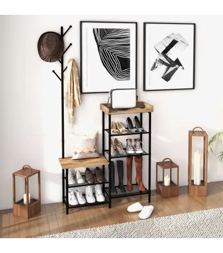 Perchero con Zapatero Industrial con 5 Estantes y 6 Ganchos para Colgar Bolsos Ropa 92.5x28.2x182 cm Marrón Rústico