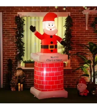 Papá Noel Hinchable con Chimenea Navidad Hinchable con 2 Luces LED e Inflador Eléctrico 80x70x210 cm Multicolor