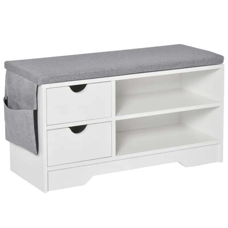 Banco Zapatero con Asiento Estantes y 2 Cajones Capacidad para 4 Pares de Zapatos 80,5x30,5x43,5 cm Blanco y Gris Banco Zapatero con Asiento Estantes y 2 Cajones Capacidad para 4 Pares de Zapatos 80,5x30,5x43,5 cm Blanco y Gris
