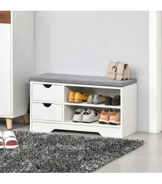 Banco Zapatero con Asiento Estantes y 2 Cajones Capacidad para 4 Pares de Zapatos 80,5x30,5x43,5 cm Blanco y Gris